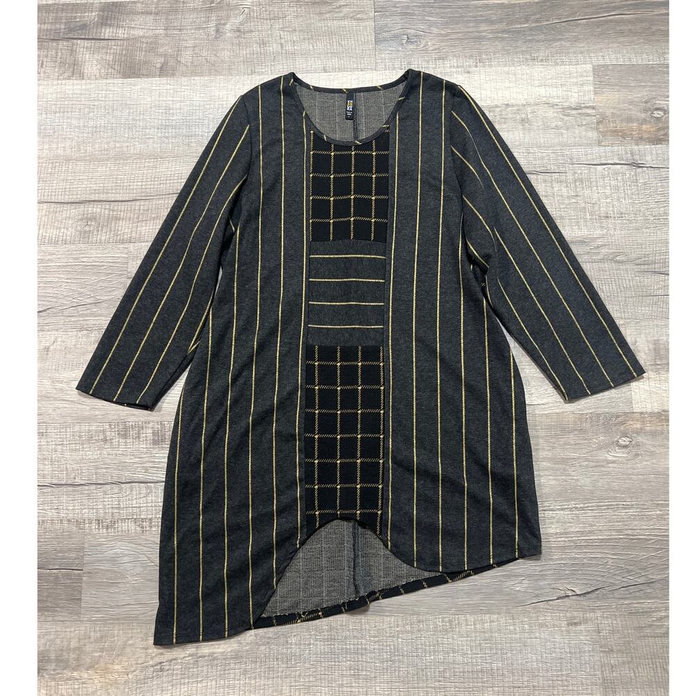 Khangura Asymmetrical Plaid Striped Dress Size Large Pockets Art to Wear USA
